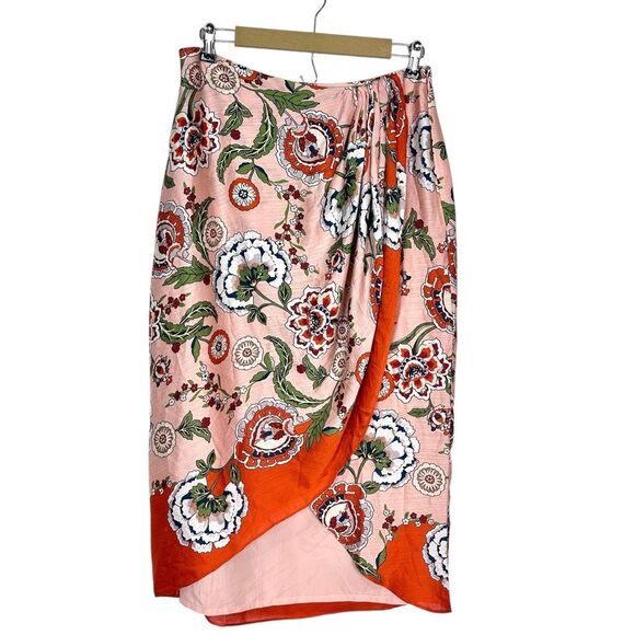 Ann Taylor Floral Drape Midi Skirt sz 8 Orange Peach Faux Wrap Satin Pencil Pink - Picture 1 of 13